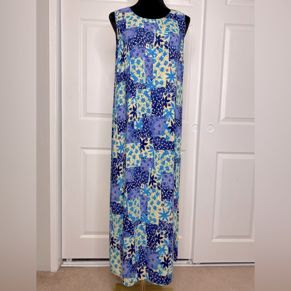 Vintage 90s Whimsygoth Indigo Blue Patchwork Floral Midi Dress Ease Sport